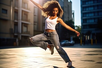 Young sporty dancer dancer in the street at sunset. Sport, dancing and urban culture concept.