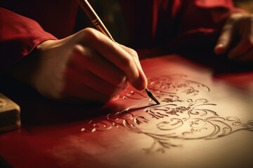 Wall Mural - A person is seen writing on a piece of paper with a pen. This image can be used for various purposes, such as illustrating education, communication, creativity, or office work.