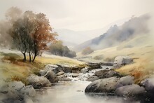 A Watercolor Painting Depicting A Misty Countryside With A Stream Flowing Through A Welsh Valley. Generative AI