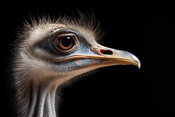 A close up view of an ostrich's head against a black background. This image can be used to depict the unique features and details of an ostrich