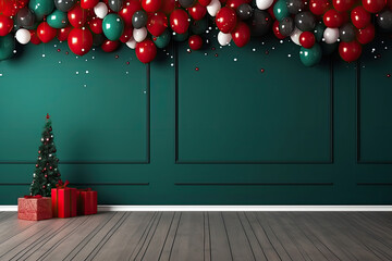 green room wall decorated in new year's or christmas style in red and green colours with сhristmas b