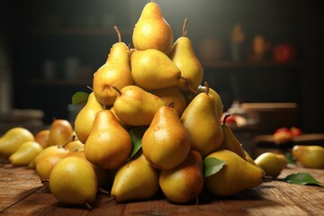 Sticker - A pile of pears sitting on top of a wooden table. Suitable for food and nutrition-related projects