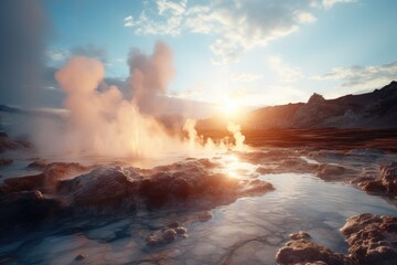 Poster - A beautiful sunset over a hot spring, creating a serene and relaxing atmosphere. Perfect for travel brochures or wellness-themed websites