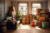 Fototapeta  - A cluttered living room filled with boxes and furniture. Perfect for illustrating moving, relocation, or storage concepts