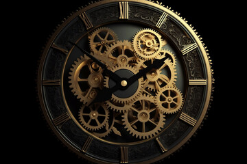 Golden black old clock close up at front view on dark background generative ai