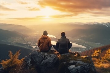 Poster - A picturesque scene of two people sitting on top of a mountain, observing the mesmerizing sunset. Ideal for travel, adventure, and nature-themed projects