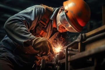 Poster - A man wearing a hard hat is seen welding a piece of metal. This image can be used to illustrate industrial work or construction projects