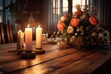 Wall Mural - A wooden table adorned with flickering candles and a vase of beautiful flowers. Perfect for adding a warm and inviting atmosphere to any setting
