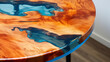 A stunning designer table made of solid wood and colorful epoxy resin. The table is a beautiful and stylish addition to any home or office