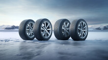 new four winter tires close up in amazing winter snow and ice epic landscape