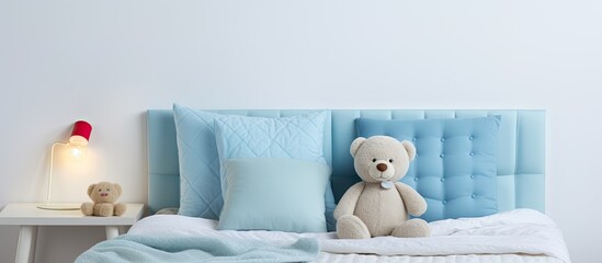 Poster - Child s bedroom with blue cushions stuffed animals lamp and tufted headboard