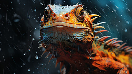 Wall Mural - Dragon lizzard iguana smiling in a water or fire splash.