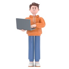 3D illustration of standing happy man Qadir  holding laptop. Portraits of cartoon characters using computer. Communication, office workplace concept, 3D rendering on white background.
