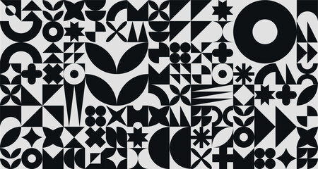 Wall Mural - geometric black and white pattern print background, bauhaus shapes pattern,monochrome bauhaus neo br