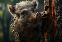 A Wild Boar Is Climbing Up A Tree To Get A Bite Of Something.  Generative Ai