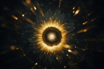 Poster -  an abstract picture of a yellow and black flower in the dark.  generative ai