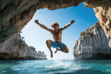 Young Man Jumping In Sea On Vacation Inside Cave Crystal Blue Water