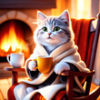 Illustration d'un chat se réchauffant au coin du feu