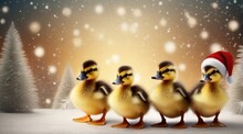 Cute Ducklings Playing Against Christmas Ambience Background With Space For Text, Background Image, AI Generated