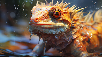 Wall Mural - Dragon lizzard iguana smiling in a water or fire splash.