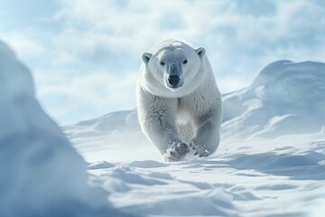 Poster -  a polar bear running through the snow in the mountains of the arctic.  generative ai