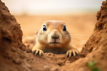 Canvas Print -  a close up of a ground squirrel looking out of a hole.  generative ai