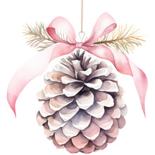 Watercolor Illustration, Christmas Tree Decoration, Pine Cone In Pink Shades, Isolated On Transparent Background