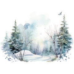 Watercolor winter landscape, snowy forest, isolated on transparent background