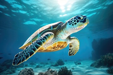 Wall Mural -  a green turtle swimming in the ocean with a sunbeam in the background.  generative ai
