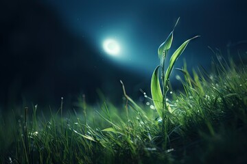 Canvas Print -  a green plant in the middle of a grassy field at night.  generative ai