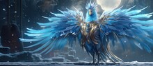 Icy  Peacock Animal Beast With Gold Jewelry And Shield Armour , Epic Lightning Background , Photo Realistic, Generative AI