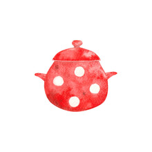 Hand Drawn Red Cooking Pot Isolated On White Background. Kitchen Utensils. Adorable Red Pot With Polka Dots. Enamelware Saucepan. Enamel Casserole