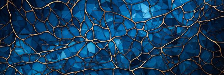Wall Mural - Digital blue, gold fractal abstract surface background. Technological process neural networks backdrop for science and education banners. Futuristic network 3D grid cyber mesh graphic resource by Vita