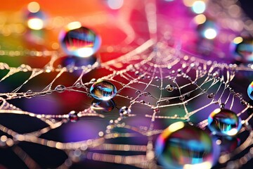 Poster -  a close up of water droplets on a spiderweave.  generative ai