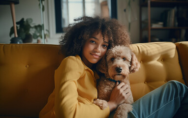 portrait of cute african american girl with dog sitting on the sofa. love to animals