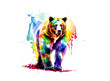 Tiere und natürliche Arten Vielfalt in ihrer Schönheit: Grizzly in regenbogen bunten Wasserfarben mit Spritzern und Kleksen vor einem weißen Hintergrund als Vorlage und kunstvolle Gestaltung Elemente