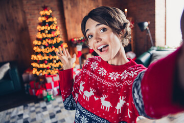 Sticker - Selfie photo of laughing good mod girl brown bob hair showing her room interior xmas tree lights decor prepared gifts isolated indoors