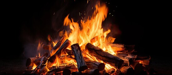 Poster - Bright and isolated a big bonfire emits heat and light resembling a large orange flame in the darkness perfect for camping