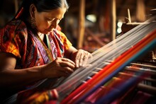 Heritage Craft. Indigenous Elderly Woman Weaving Intricate Patterns On Traditional Looms. Colorful Threads, Patterns Coming To Life, Focused Artistry. Skilled Craftsmanship, Tradition. Weaver