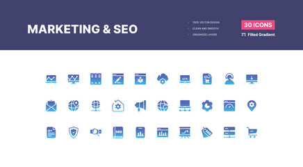Marketing and Seo Icons Pack. SEO optimization icons. Set of line icons. Achieving results. SEO concept. Search Engine Optimization icon collection. Containing business - Filled Gradient
