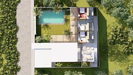 Wall Mural - living room, dining room, kitchen, minimalist white house, with pool in the front, many open areas, double height and special for living, boho chic style, render, housing, beautiful house