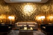Opulent, textured wall adorned with gold tile wallpaper. Elegant, polished blocks arranged in a square pattern creating a luxurious atmosphere. Generative AI