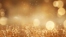Golden Christmas Particles And Sprinkles For A Holiday Celebration Like Christmas Or New Year. Shiny Golden Lights. Wallpaper Background For Ads Or Gifts Wrap And Web Design. AI Generative