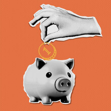 Halftone Hand Putting A Coin Into A Piggy Bank. Torn Out Paper Retro 90s, Y2k 00s Style Effect Collage. Vector Illustration.