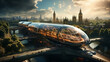 Futuristic city with domes in London, featuring modern glass-encased transportation