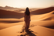 A woman walking alone through the desert dunes