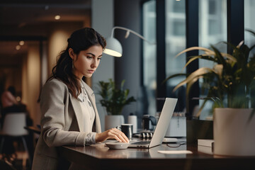 A young woman working with her laptop in a cafe