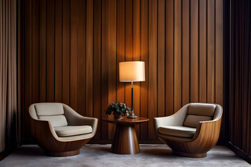 Two chairs and a round wooden coffee table.