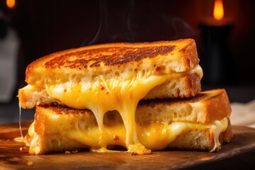 Wall Mural -  a grilled cheese sandwich is on a cutting board with a candle in the background.  generative ai