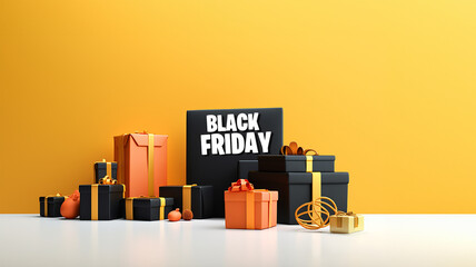 Black friday, banner regalos de colores sobre fondo naranja degradado